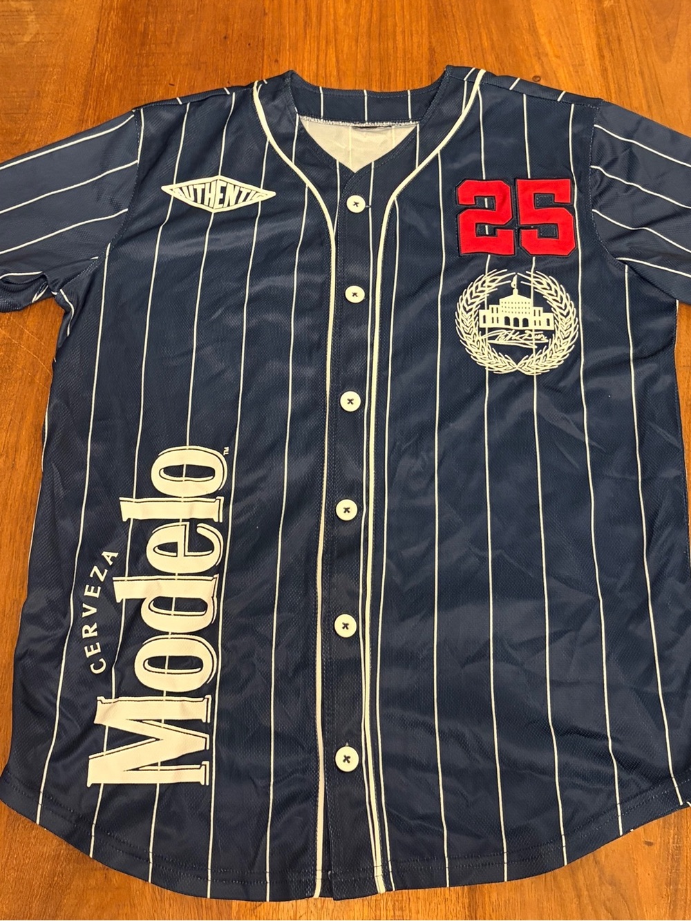 ModelCo Men’s Navy Pinstripe Baseball Jersey with Red 25 Patch